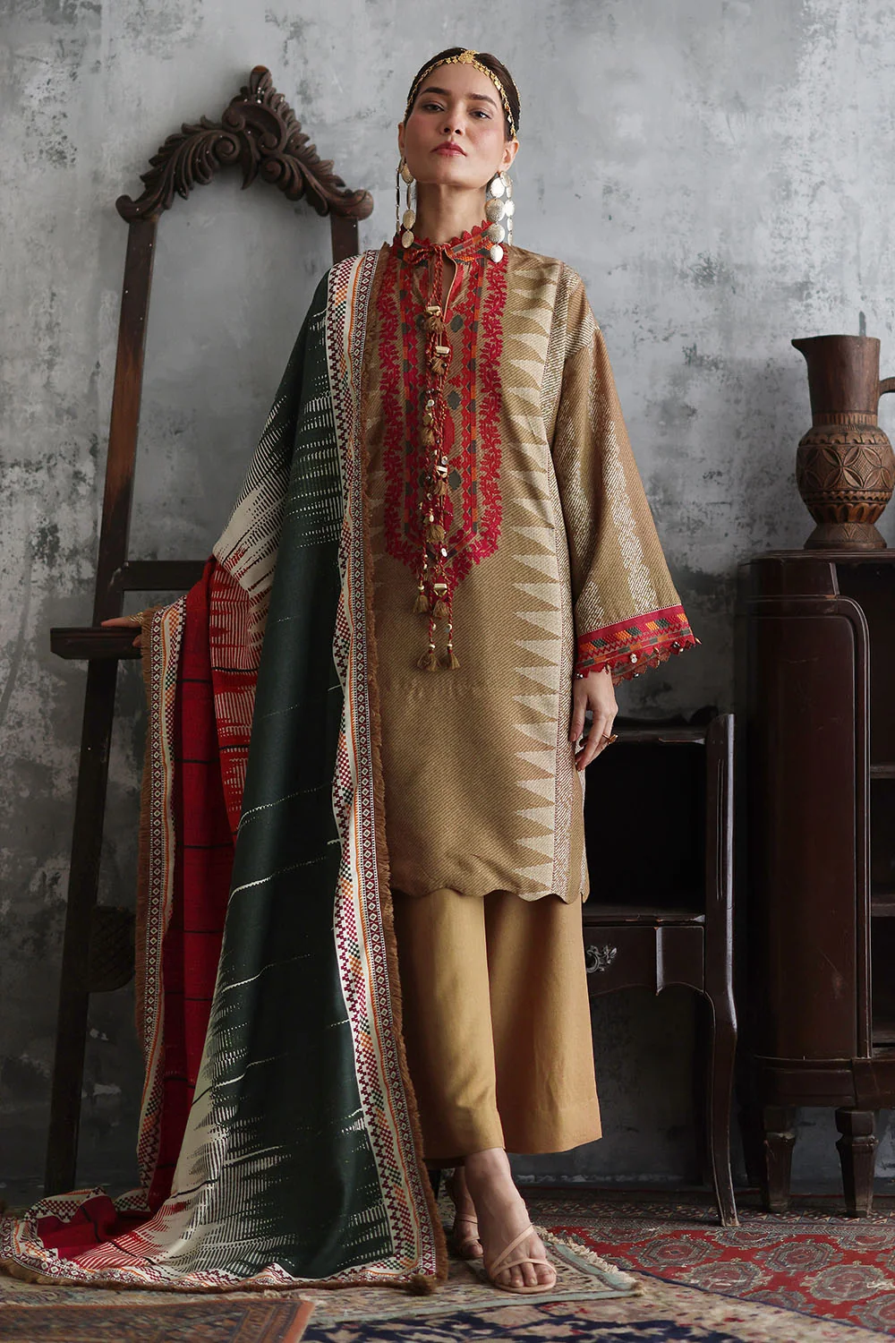 Gul Ahmed 3 Piece Embroidered Printed Karandi Suit With Printed Karandi Dupatta