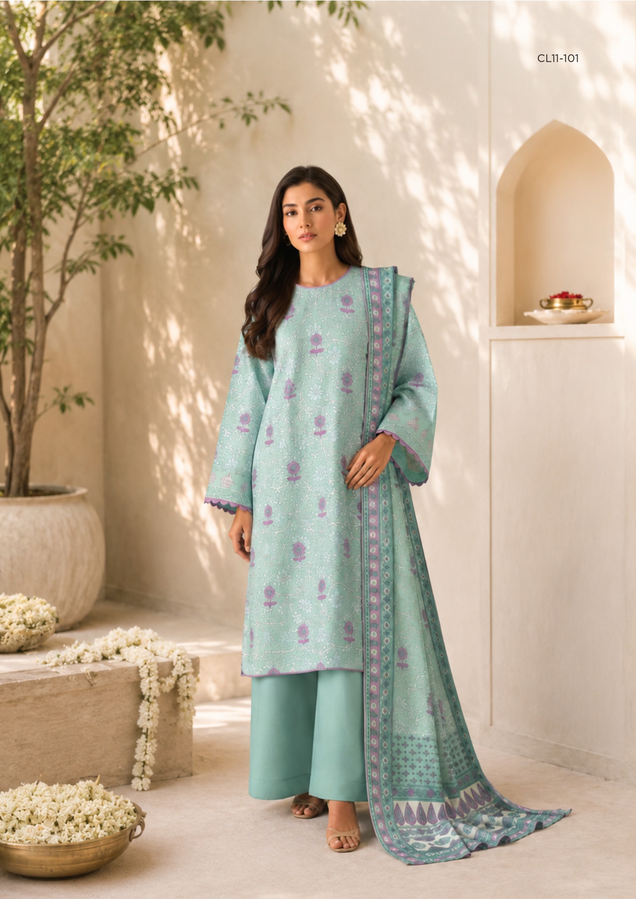 Sapphire 3 Piece Digital Printed Embroidered Linen Suit