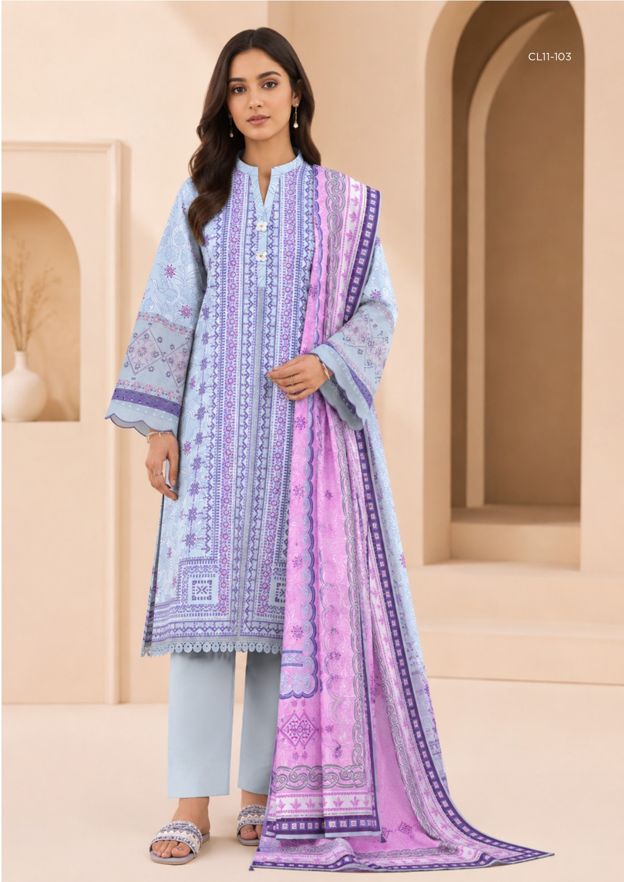 Sapphire 3 Piece Digital Printed Embroidered Linen Suit